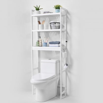 Over the Toilet Storage, 3-Tier Adjustable Over Toilet Bathroom Organizer, Bamboo Storage Shelf Rack with 3 Hooks, Freestanding Easy Assembly Laundry Space Saver, Fit Most Toilets, White