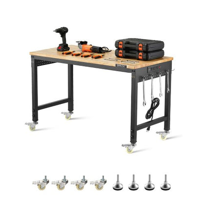 1219 mm Adjustable Workbench, 907 kg Load, Work Bench with Power Outlet, Wheels, and Pegboard, Heavy Duty Oak Wood Top Work Table for Garage, Workshop, Office, and Home