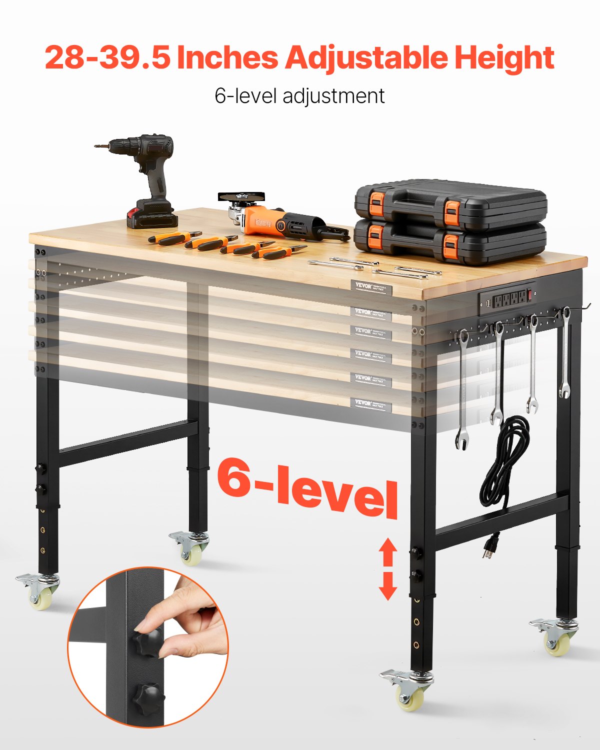 1219 mm Adjustable Workbench, 907 kg Load, Work Bench with Power Outlet, Wheels, and Pegboard, Heavy Duty Oak Wood Top Work Table for Garage, Workshop, Office, and Home