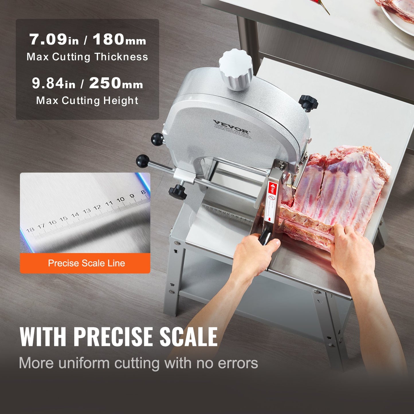 Electric Meat Saw, 1800W Stainless Vertical Cutter, 19.1"x15" Workbench, 7.09" Cutting Thickness, Includes 5 Blades for Slicing Frozen Meat, Pork, Beef, and Ribs