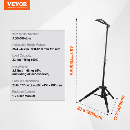 Tripod Guitar Stand Floor-Standing Foldable 900-1200 mm (35.4-47.2 in) Adjustable Height