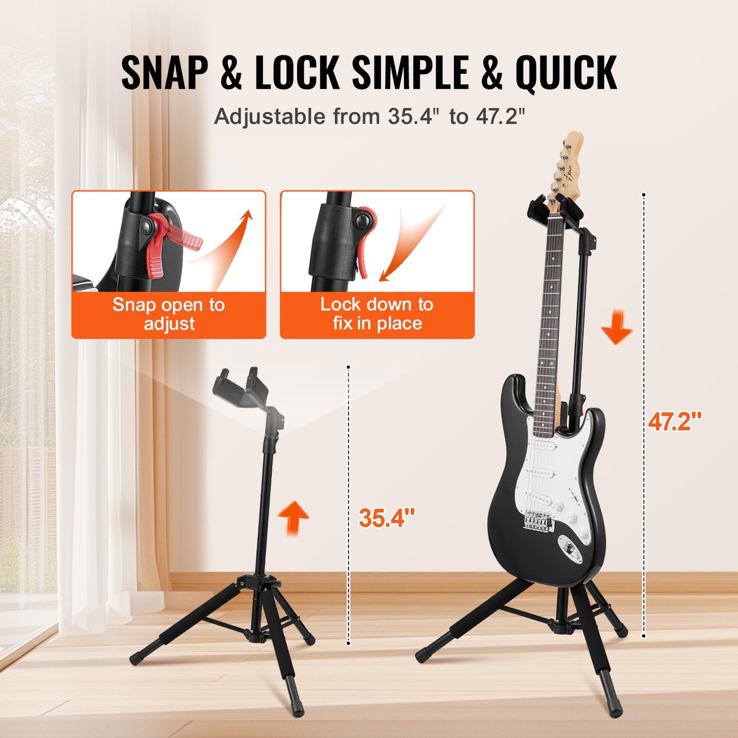 Tripod Guitar Stand Floor-Standing Foldable 900-1200 mm (35.4-47.2 in) Adjustable Height