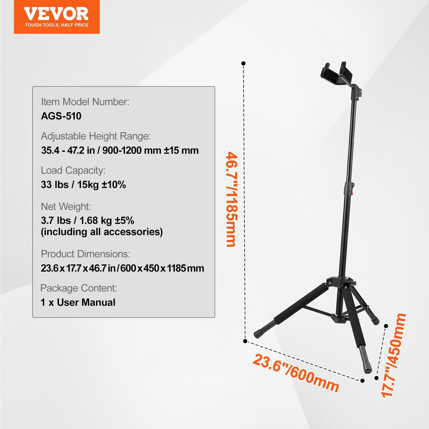 Tripod Guitar Stand Floor-Standing Foldable 900-1200 mm (35.4-47.2 in) Adjustable Height