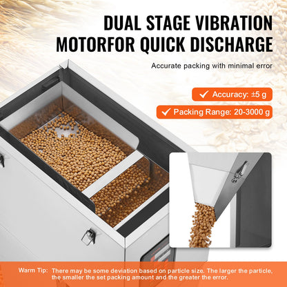 Partikelfyllningsmaskin, 0,044-6,6 lbs/20-3000 g, automatisk fyllningsmaskin med fotpedal, vägningsmaskin i rostfritt stål, vägningsfyllare för bönor, frön, spannmål, te, granulär förpackning