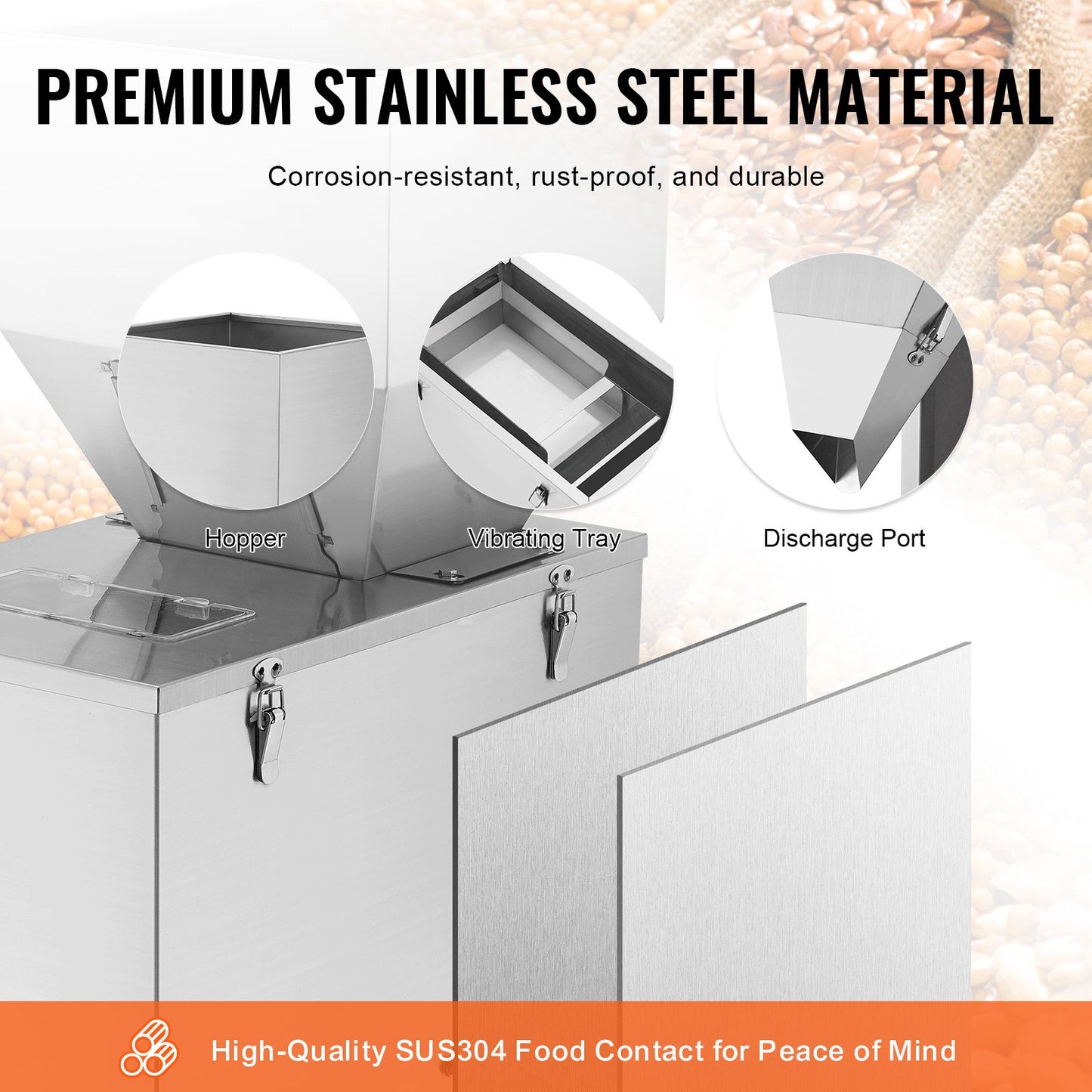 Partikelfyllningsmaskin, 0,044-6,6 lbs/20-3000 g, automatisk fyllningsmaskin med fotpedal, vägningsmaskin i rostfritt stål, vägningsfyllare för bönor, frön, spannmål, te, granulär förpackning