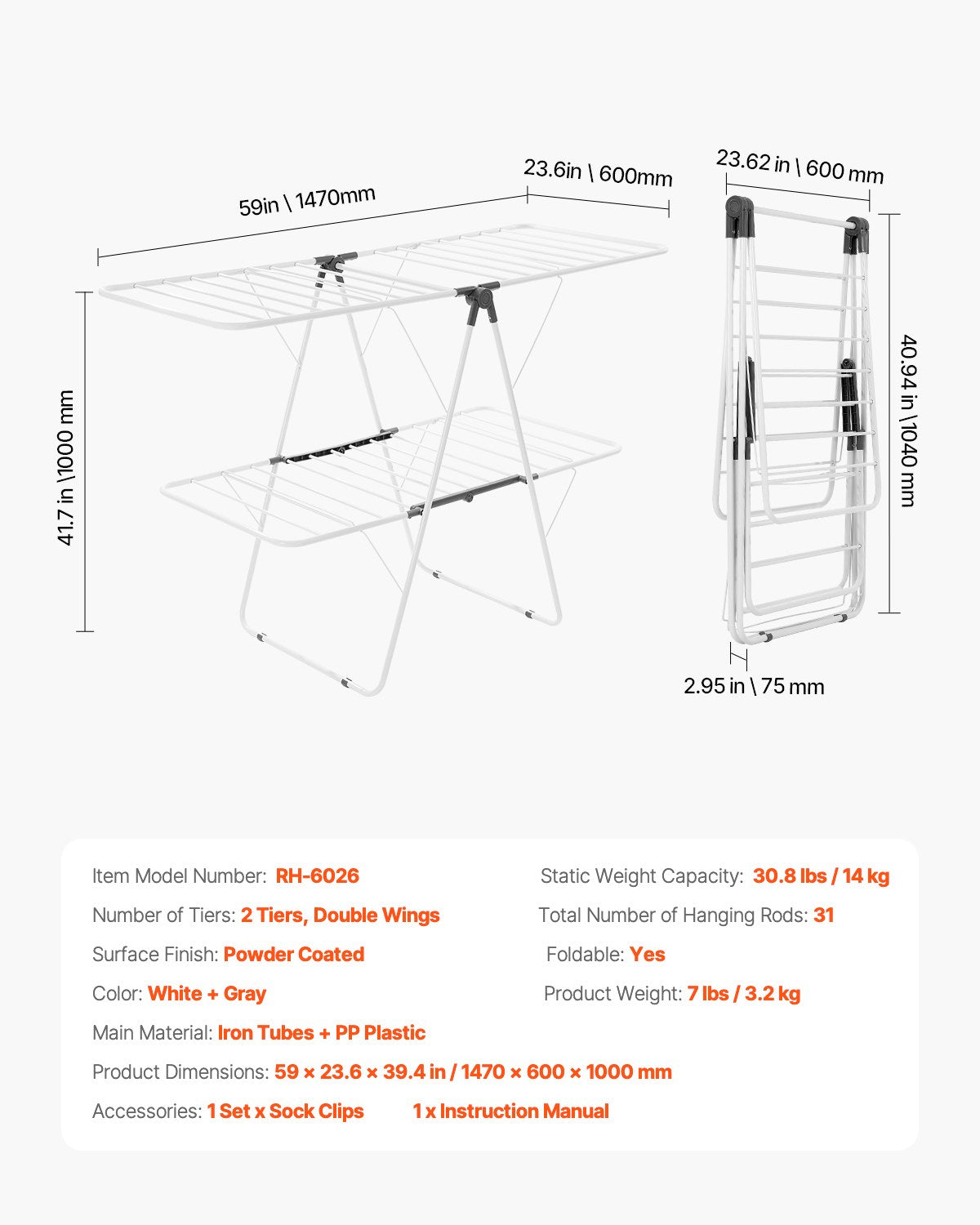 Clothes Drying Rack, 2-Tier Foldable Laundry Dryer Rack with Sock Clips & 31 Dry Rods, Metal Height Adjustable Drying Racks for Outdoor & Indoor, Free-Standing & Space-Saving Hanger, White