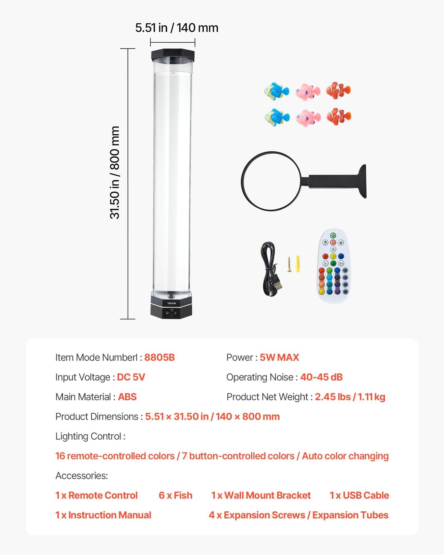 Bubble Tube Lamp 16 Color 80 cm Sensory Aquarium Lamp for Relief Calming