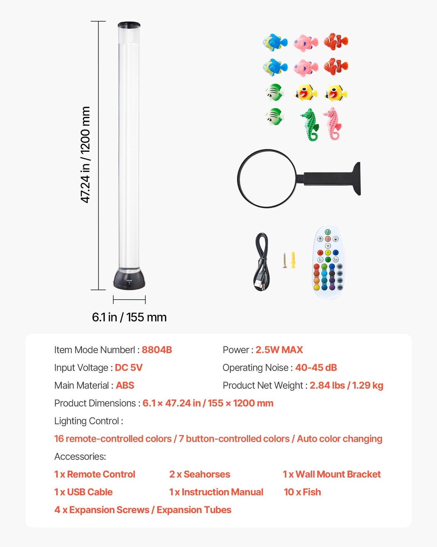 Bubbelrörslampa 16 färger 120 cm sensorisk akvarielampa för lindring och lugn