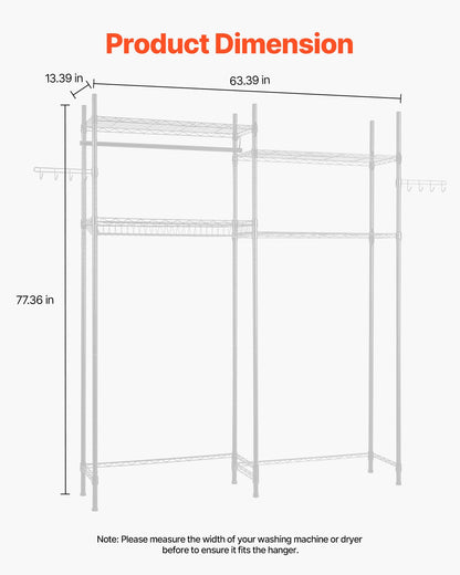 Förvaringshyllor över tvättmaskin och torktumlare, 4 våningar torkställning för tvättstugan med galge och krokar, två rader justerbara tvätthyllor platsbesparande, för förvaring och organisering i tvättstugan, vit