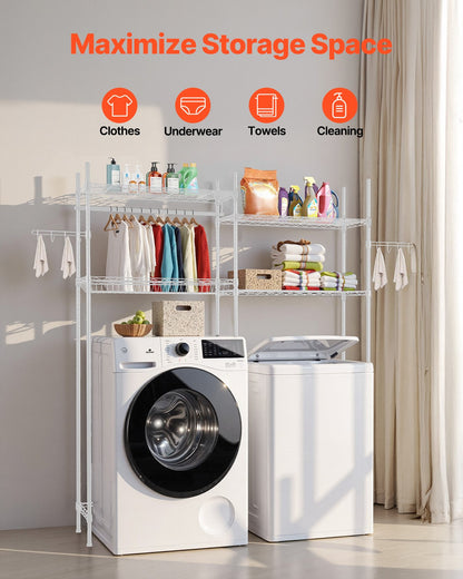 Förvaringshyllor över tvättmaskin och torktumlare, 4 våningar torkställning för tvättstugan med galge och krokar, två rader justerbara tvätthyllor platsbesparande, för förvaring och organisering i tvättstugan, vit