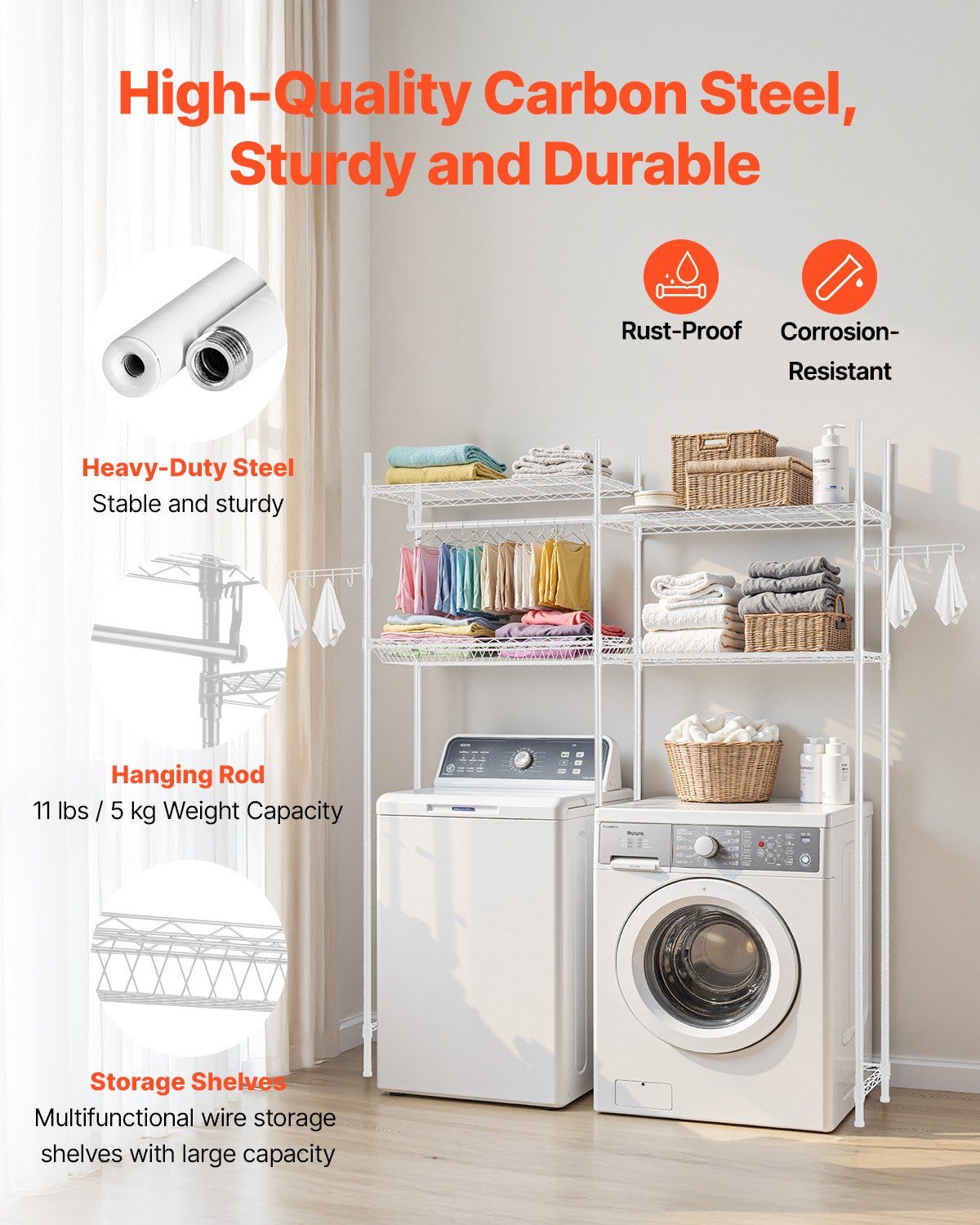 Förvaringshyllor över tvättmaskin och torktumlare, 4 våningar torkställning för tvättstugan med galge och krokar, två rader justerbara tvätthyllor platsbesparande, för förvaring och organisering i tvättstugan, vit