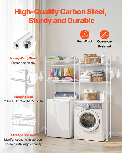 Förvaringshyllor över tvättmaskin och torktumlare, 4 våningar torkställning för tvättstugan med galge och krokar, två rader justerbara tvätthyllor platsbesparande, för förvaring och organisering i tvättstugan, vit
