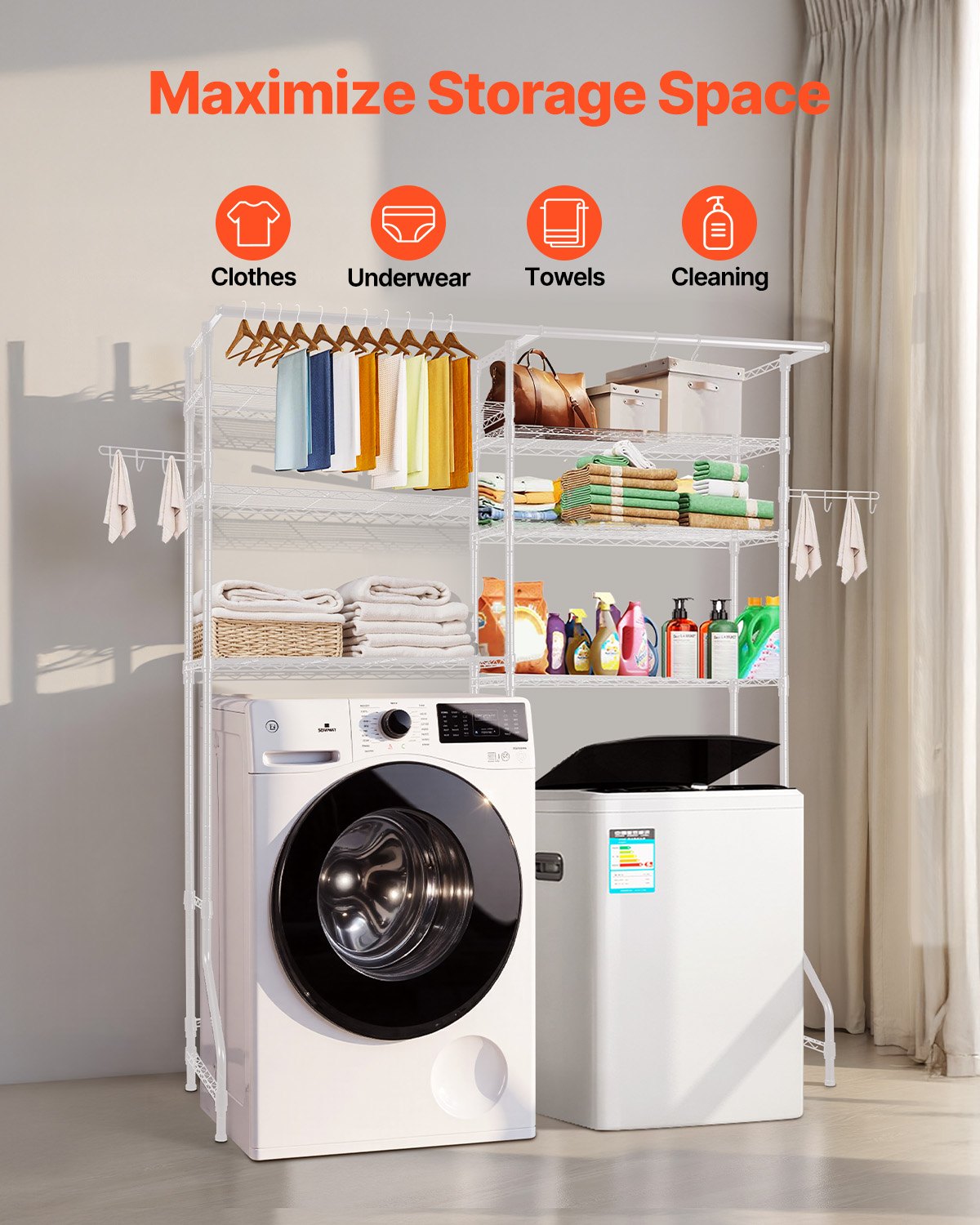 Over Washer and Dryer Storage Shelves, 6 Tiers Laundry Room Drying Rack with Hanger Rod and Hooks, Two Rows Adjustable Washer Shelves Space Saver, for Laundry Room Storage & Organization, White