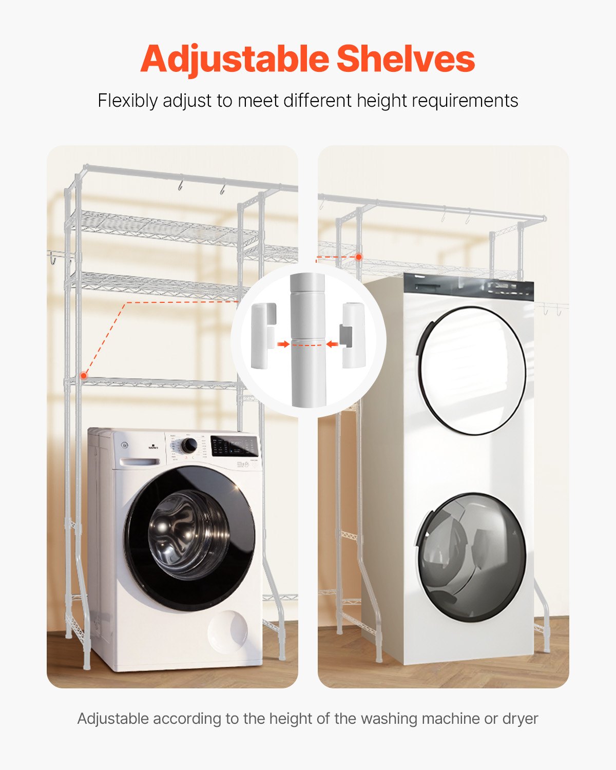 Over Washer and Dryer Storage Shelves, 6 Tiers Laundry Room Drying Rack with Hanger Rod and Hooks, Two Rows Adjustable Washer Shelves Space Saver, for Laundry Room Storage & Organization, White