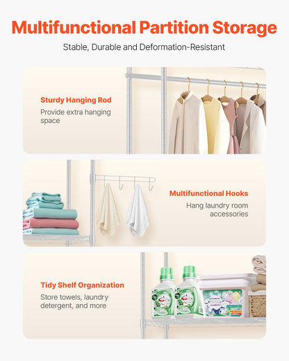 Over Washer and Dryer Storage Shelves, 6 Tiers Laundry Room Drying Rack with Hanger Rod and Hooks, Two Rows Adjustable Washer Shelves Space Saver, for Laundry Room Storage & Organization, White