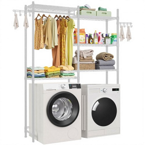 Over Washer and Dryer Storage Shelves, 5 Tiers Laundry Room Drying Rack with Hanger Rod and Hooks, Two Rows Adjustable Washer Shelves Space Saver, for Laundry Room Storage & Organization, White