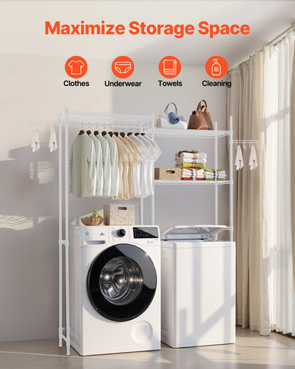 Over Washer and Dryer Storage Shelves, 5 Tiers Laundry Room Drying Rack with Hanger Rod and Hooks, Two Rows Adjustable Washer Shelves Space Saver, for Laundry Room Storage & Organization, White
