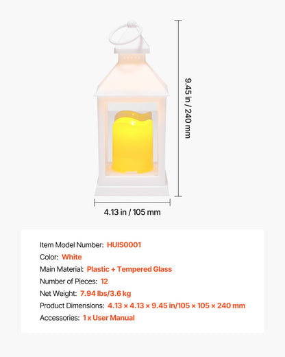 12 Pcs Decorative Candle Lantern, LED Electric Flameless Candle, Plastic LED Holder with Glass, Wall Hanging Indoor Porch Lanterns for Wedding Table Party Farmhouse Indoor Decor, White