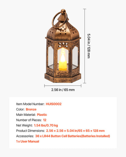 12 st dekorativa ljuslyktor, LED elektriska flamlösa ljus, plast LED-hållare med glas, vägghängande inomhusverandalyktor för bröllopsbordsfest bondgårdsdekor inomhusdekor, brons
