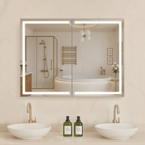 Lighted Medicine Cabinet with Mirror, 60 x 80 cm Wall-Mounted, 3 Color Dimmable LED Bathroom Medicine Cabinet with HD Mirror, Memory Function/Adjustable Shelves Storage/ Outlets & USBs