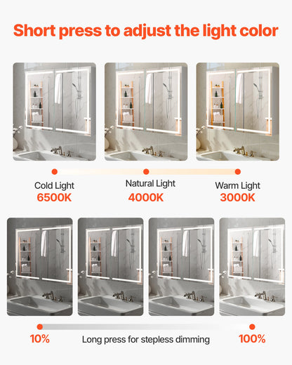 Lighted Medicine Cabinet with Mirror, 60 x 80 cm Wall-Mounted, 3 Color Dimmable LED Bathroom Medicine Cabinet with HD Mirror, Memory Function/Adjustable Shelves Storage/ Outlets & USBs