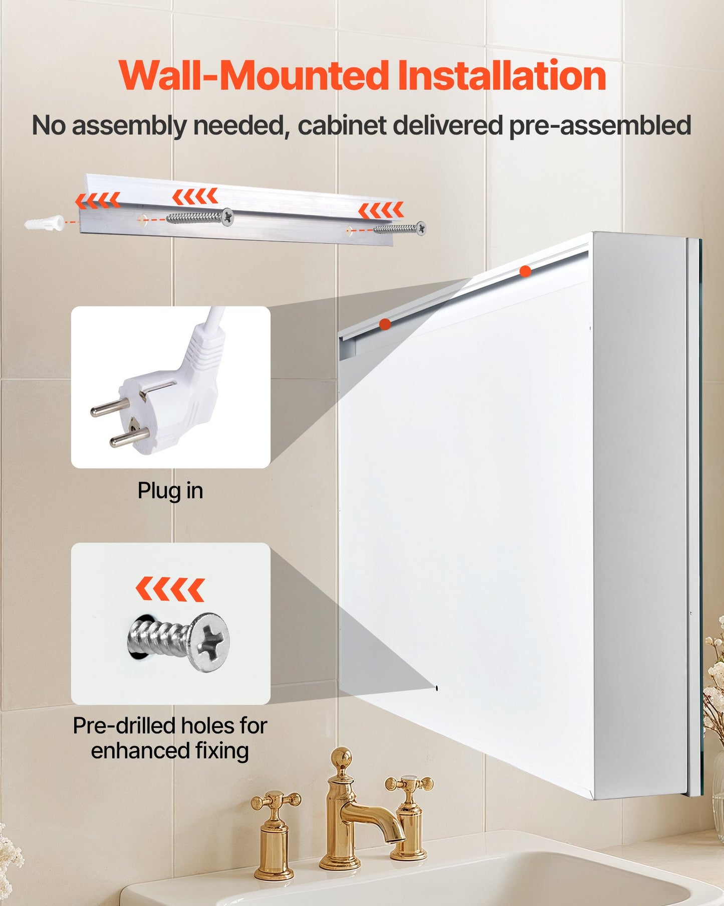 Lighted Medicine Cabinet with Mirror, 60 x 80 cm Wall-Mounted, 3 Color Dimmable LED Bathroom Medicine Cabinet with HD Mirror, Memory Function/Adjustable Shelves Storage/ Outlets & USBs