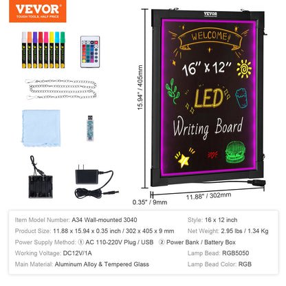 LED Message Writing Board 40.6x30.5 cm Illuminated Erasable Lighted Chalkboard
