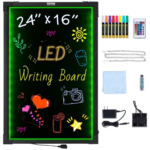 LED Message Writing Board, 24 x 16 Inch Illuminated Erasable Chalkboard, Neon Effect Menu Sign, Drawing Board with 8 Fluorescent Chalk Markers and Remote Control, Tested to UL Standards