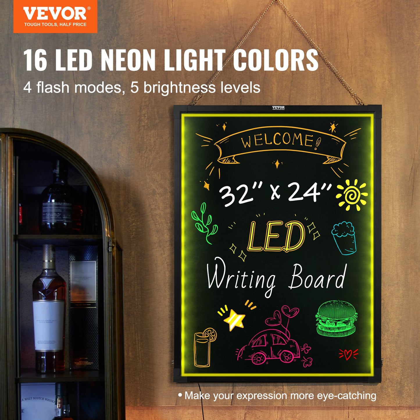 LED Message Writing Board 81.3x61 cm Illuminated Erasable Lighted Chalkboard