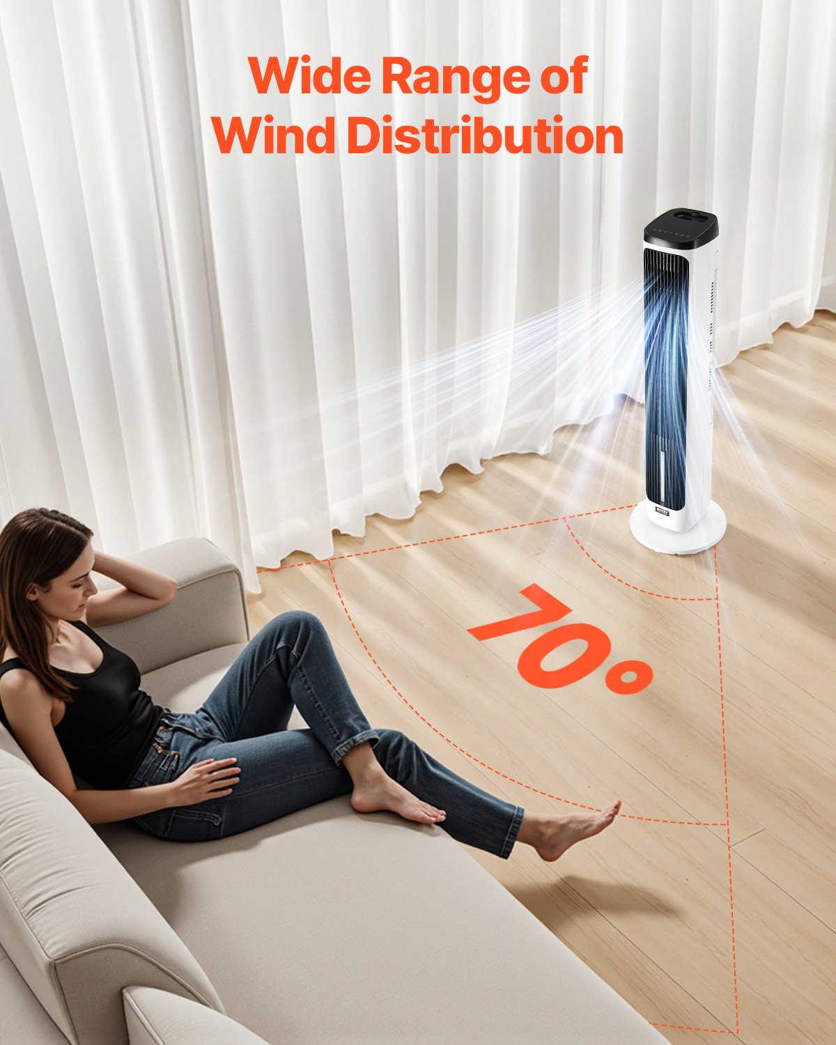 Tower Fan, 23.3ft/s Velocity Quiet Floor Fan, 70° Oscillating Fans for Indoors with 9 Speeds, 4 Modes, 24H Timer, Portable Standing Bladeless Fan with Remote Control for Bedroom, Office, Home