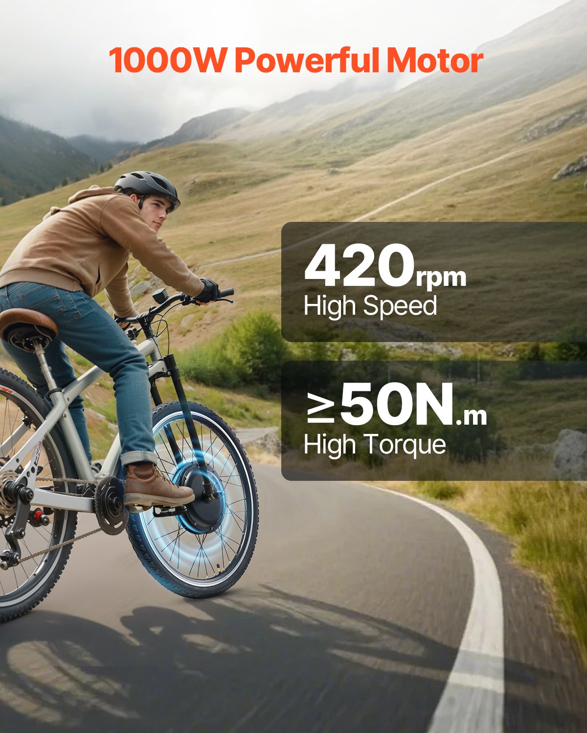 1000W elcykelkonverteringskit, 48V 420rpm 26" framhjulsnavmotorkit för elcykel med uppgraderad hastighetsregulator, gasreglage, LCD-display och PAS-system för racercykel