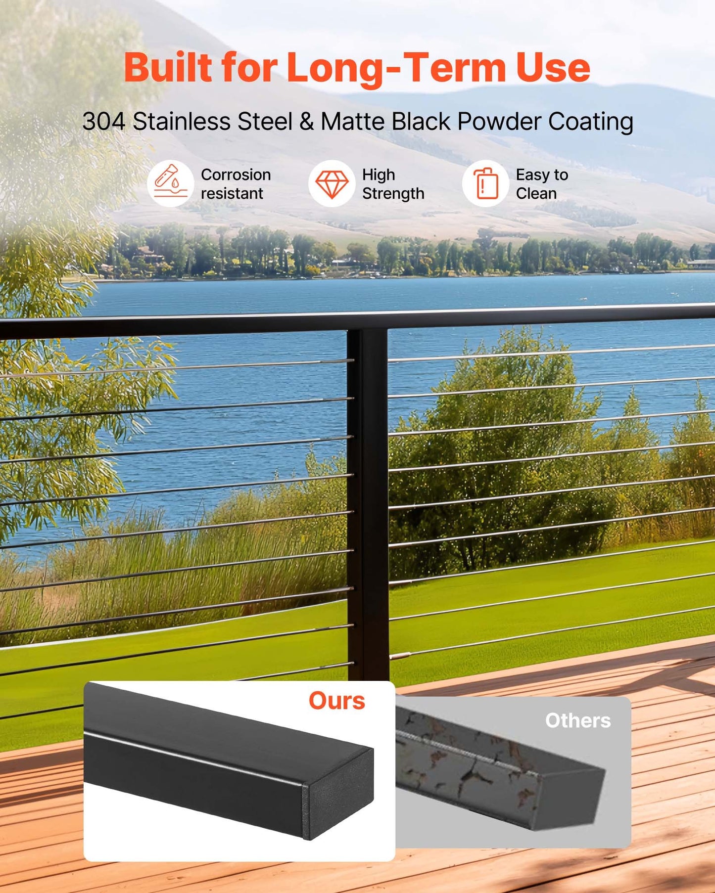 4-pack 198 cm ledstång i rostfritt stål, rektangulär ledstång för trappsteg utomhus/inomhus med ändkåpa, mattsvart beläggning, justerbar metallräcke för kabelräcke