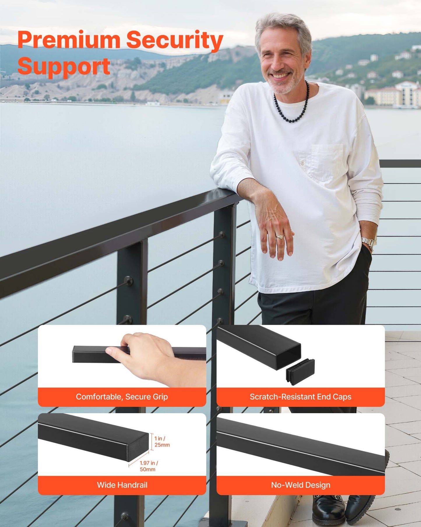 4 Pack 198 cm Stainless Steel Handrail, Rectangular Top Stair Deck Hand Rail for Outdoor/Indoor Steps with End Cap,Matte Black Coating Adjustable Metal Stair Rail for Cable Railing Kit