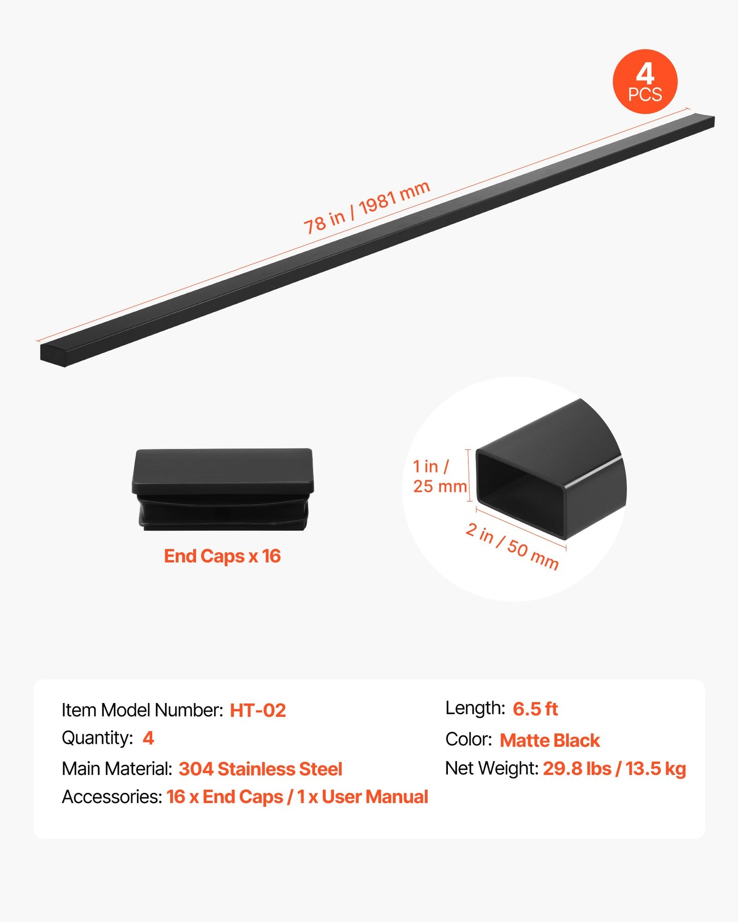 4 Pack 198 cm Stainless Steel Handrail, Rectangular Top Stair Deck Hand Rail for Outdoor/Indoor Steps with End Cap,Matte Black Coating Adjustable Metal Stair Rail for Cable Railing Kit