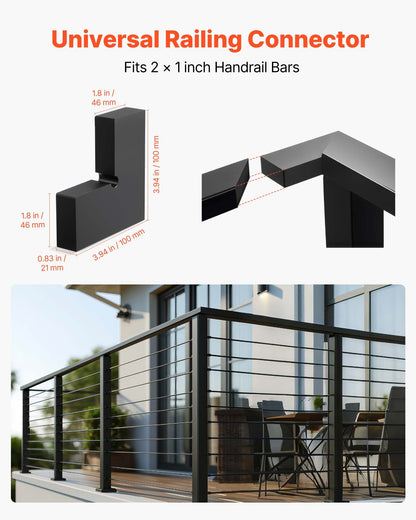 2 Pack Corner Connectors for Handrail, Extension Stair Railing Accessories, POM Hand Rail Connector Fittings for Rectangular Cable Railing, Deck Cable Rail System Outdoor, Matte Black, HT-05