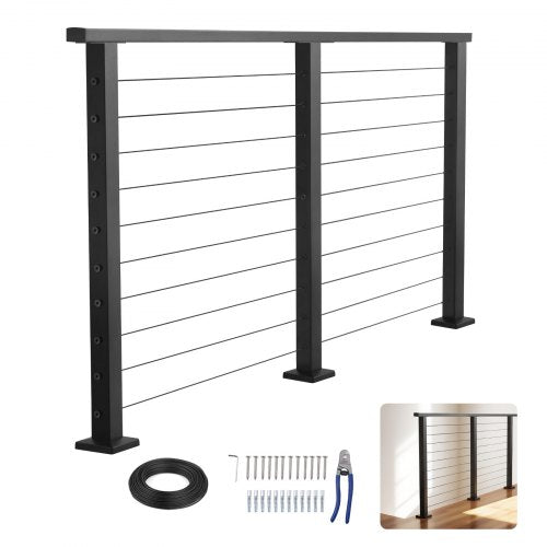 198 cm Complete Cable Railing Kit with Post, 89 cm Tall Matte Black Stainless Steel Handrail Cuttable for Outdoor/Indoor Steps, Level Hole Drilled Railing Posts System for Stairs,Deck,Balcony
