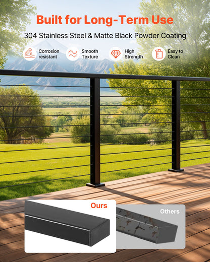 198 cm Complete Cable Railing Kit with Post, 89 cm Tall Matte Black Stainless Steel Handrail Cuttable for Outdoor/Indoor Steps, Level Hole Drilled Railing Posts System for Stairs,Deck,Balcony