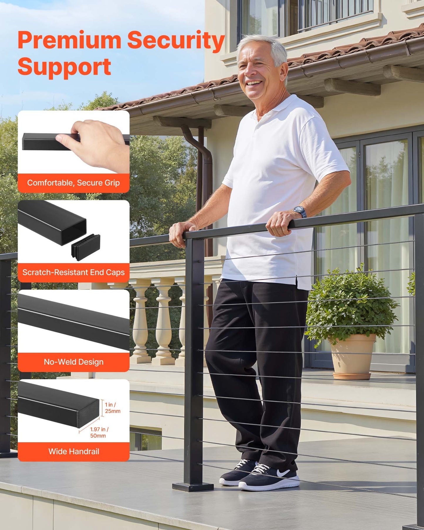 198 cm Complete Cable Railing Kit with Post, 89 cm Tall Matte Black Stainless Steel Handrail Cuttable for Outdoor/Indoor Steps, Level Hole Drilled Railing Posts System for Stairs,Deck,Balcony