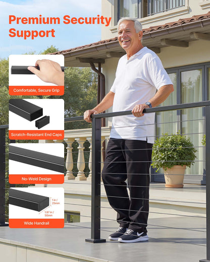 198 cm Complete Cable Railing Kit with Post, 89 cm Tall Matte Black Stainless Steel Handrail Cuttable for Outdoor/Indoor Steps, Level Hole Drilled Railing Posts System for Stairs,Deck,Balcony