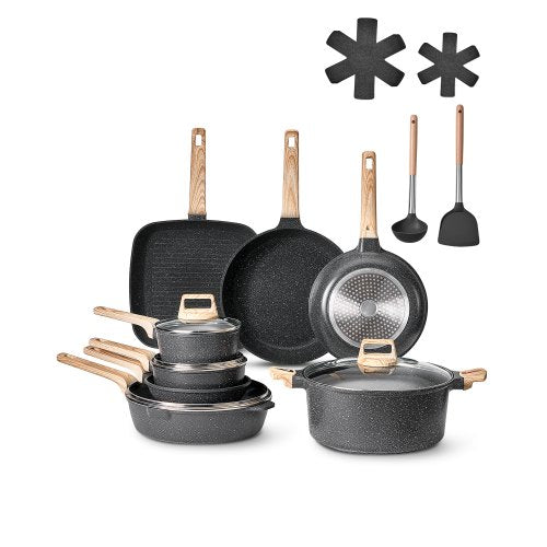 19 Piece Pots and Pans Set, Granite Nonstick Cookware Set, Induction Cookwares, Kitchen RV Cooking Sets with Frying, Sauce, Saute, Tempered Glass Lids, and Pan Protectors, Black