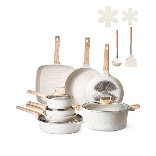 19 Piece Pots and Pans Set Nonstick, Granite Cookware Set, Induction Cookwares, Kitchen RV Cooking Sets with Frying, Sauce, Saute, Tempered Glass Lids, and Pan Protectors, White