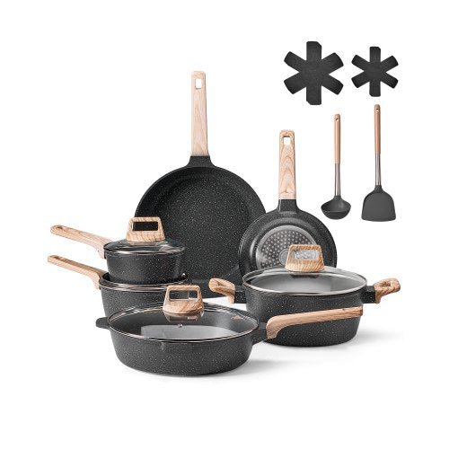 17 Piece Pots and Pans Set Nonstick, Granite Cookware Set, Induction Cookwares, Kitchen RV Cooking Sets with Frying, Sauce, Saute, Tempered Glass Lids, and Pan Protectors, Black