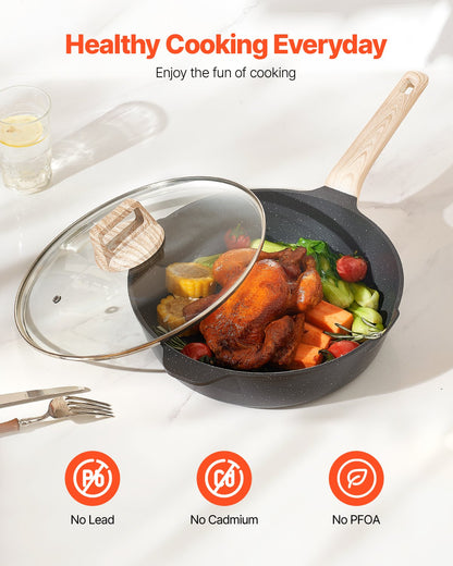 17 Piece Pots and Pans Set Nonstick, Granite Cookware Set, Induction Cookwares, Kitchen RV Cooking Sets with Frying, Sauce, Saute, Tempered Glass Lids, and Pan Protectors, Black