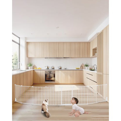 Babygrind, 465 cm extra bred, 61 cm hög, vikbar hundgrind med 8 paneler, för barn och husdjurssäkerhet, kan öppnas med en hand, installeras mellan två väggar eller som staket, för trappor och dörröppningar, vit