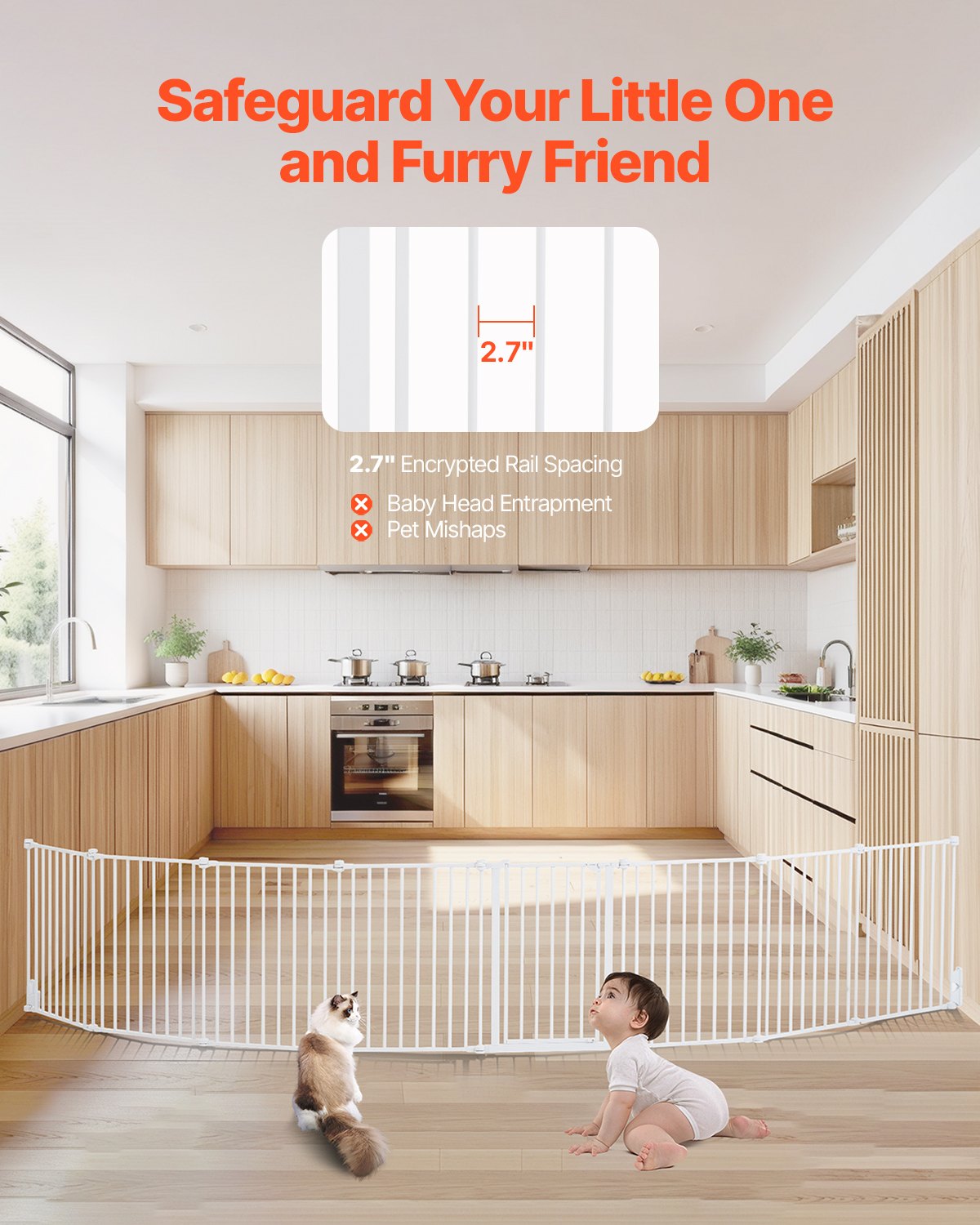 Babygrind, 465 cm extra bred, 61 cm hög, vikbar hundgrind med 8 paneler, för barn och husdjurssäkerhet, kan öppnas med en hand, installeras mellan två väggar eller som staket, för trappor och dörröppningar, vit