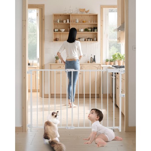 Baby Gate, 29.5-43 Inches Adjustable Width, 28 Inches High Dog Gate, No Threshold Bar, Easy Step Walk Thru, for Child Pet Security, with Screws, One-Hand Open, for Stairs and Doorways, White