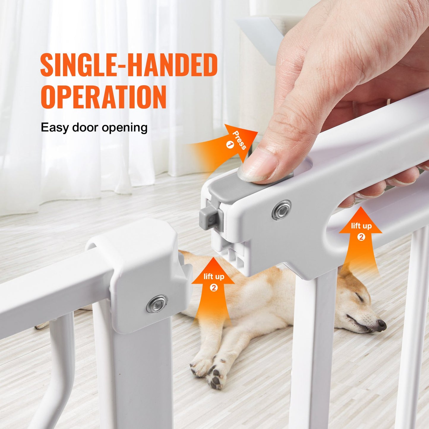 Baby Gate, 74.9-122.9 cmExtra Wide, 76.2 cm High, Dog Gate for Stairs Doorways and House, Easy Step Walk Thru Auto Close Child Gate Pet Security Gate with Pressure Mount Kit and Wall Mount Kit, White