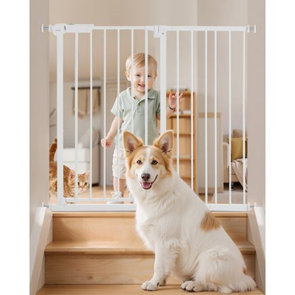 Baby Gate, 26-40 Inches Adjustable Width, 36 Inches High Dog Gate, Easy Step Walk Thru, for Child Pet Security, Pressure Mount Kit, Wall Cups, One-Hand Open, for Stairs and Doorways, White