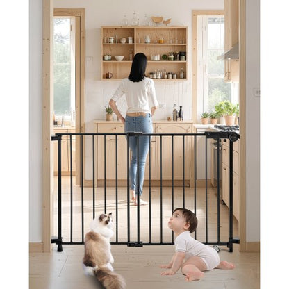 Baby Gate, 29.5-43 Inches Adjustable Width, 28 Inches High Dog Gate, No Threshold Bar, Easy Step Walk Thru, for Child Pet Security, with Screws, One-Hand Open, for Stairs and Doorways, Black