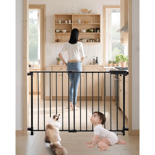 Baby Gate, 29.5-43 Inches Adjustable Width, 28 Inches High Dog Gate, No Threshold Bar, Easy Step Walk Thru, for Child Pet Security, with Screws, One-Hand Open, for Stairs and Doorways, Black